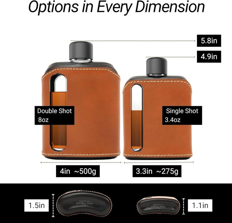 Ragproper Modern Glass Hip Flask - Durable Leather Covered Flask for Whiskey, Spirits, & Other Liquor - Ideal Glass Flask for Men & Women (Double Shot 240ml, Leather, Black & Tan) - Image 3